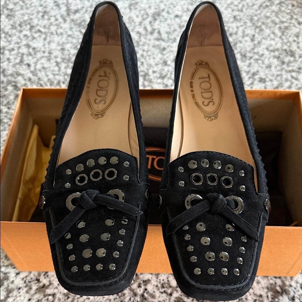 Tod's Black Studded Suede Loafers
